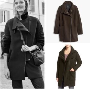 Madewell City Grid Olive Green Wool Coat with Leather Trim